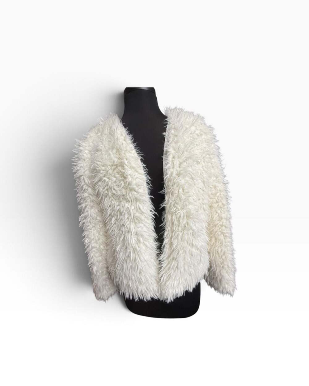 H&M Girls Ivory Faux Fur Shaggy Jacket Youth Size 14 Open Front Coat